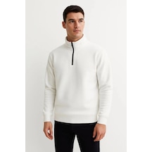 Freedom Storee Erkek Dik Yaka Yarım Fermuarlı 3 İplik Pamuklu Sweatshirt - Beyaz Çok Renkli