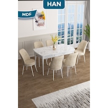 Canisa Han Serisi, 70x114 Açılabilir Mdf Masa Takımı, Beyaz Mermer Desen Masa Ve 6 Krem Sandalye Masa Beyaz Mermer Sandalyeler Krem