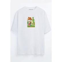 Dont Talk Strangers Uzaylı Unisex Siyah - Beyaz Oversize T-shirt Beyaz