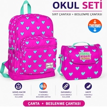 Coral Hıgh Sırt Çantası 23113+ Pembe Su Yeşili Kalp Desenli Thermo Beslenme Çantası 11806 Çok Renkli
