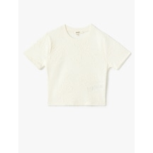 Koton Pamuklu Kısa Kollu Bisiklet Yaka Floral Dokulu Crop Tişört Ekru 5sak50252ek Ekru