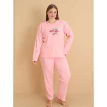 Wordex Fawn 1108 İnterlok Büyük Beden Bulut Desenli Kışlık Ev Kadın Pijama Takımı Soft Pembe