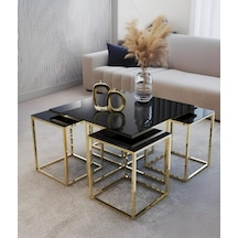 4+1 Kare Orta Zigon Sehpa Gold Kaplama Siyah Temperli Cam