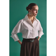 Sateen Düğme Detaylı Gömlek - Ekru-137151 ekru