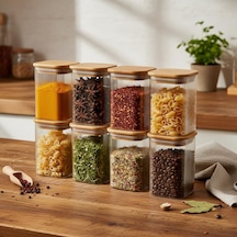 6'lı Set 350 Ml Bambu Kapaklı Kare Cam Kavanoz - 6x10 Cm Vakumlu Orta Boy Şeffaf Erzak Kabı Kahve Çay Baharatlık Ve Mutfak Düzenleyici Organizer Saklama Kutusu