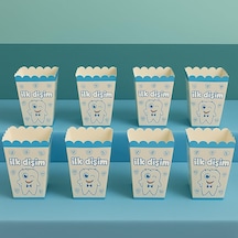 İlk Dişim Mavi Temalı Popcorn Kutusu, 8'li Set, Erkek Bebek Diş Buğdayı Partisi, Kağıt Materyal Çok Renkli