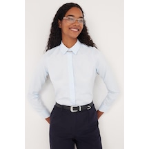 Tudors Kadın Slim Fit Dar Kesim Vucüda Oturan Uzun Kollu Gizli Düğme Detaylı Mavi Basic Gömlek-35557 Mavi