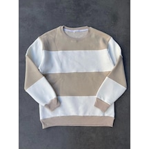 Tua Moda Parçalı Bisiklet Yaka Baskılı Sweatshirt - Bej Bej