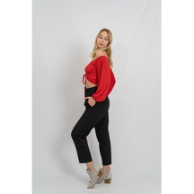 Kadın Kırmızı Önü Büzgülü Uzun Kollu Crop Bluz