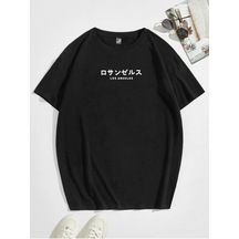 Unisex Siyah Oversize Chinese Los Angeles Baskılı Örme T-shirt Siyah-55822