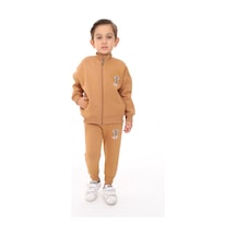 Toontoy Kids Toontoy Erkek Çocuk 2'li Takım Baskılı Dik Yaka Fermuarlı Sweatshirt & Beli Paçası Lastikli Cepli Jogger Eşofman Altı - 3 İplik Şardonlu Kahverengi