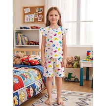 Aliş Kids Kız Çocuk Pamuklu Beyaz Desenli Kolları Fırfırlı Şortlu Yazlık Pijama Takımı