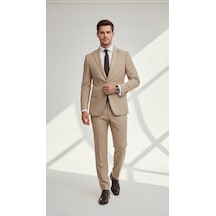 Erkek Slim Fit Mikro Desenli Takım Elbise 2 Düğmeli Çift Yırtmaçlı Modern Ceket Pantolon Takım Bej Erkek Slim Fit Mikro Desenli Takım Elbise 2 Düğmeli Çift Yırtmaçlı Modern Ceket Pantolon Takım Bej