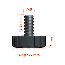 Cateksss M8 Ayar Vidası, Tırtıllı Vida, Bingo Ayak, Pingo Ayak Çap: 27 Mm Vida Uzunluğu 20 Mm Ral7035 - 35 Li Paket Siyah