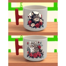 Çiçek İçinde Kedi Baskılı Latte Bardağı - Sevgililer Günü Hediyesi, Doğum Günü Hediyeleri Beyaz