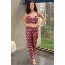 Ang Butik Kadın Kadife Balenli Destekli Dolgulu Parlak Baskılı Fermuar Detaylı Büstiyer Ve Pantolon Pijama Takımı Bordo