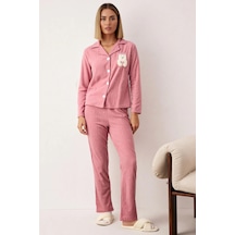 Benerly Kadın Gömlek Yaka Standart Kol Regular Kalıp Polar Pijama Takımı Gül kurusu