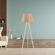 Pratik Tripod Ahşap Lambader Kum Beji Konik Kumaş Başlık Salon Otel Yatak Odası Cafe Köşe Lambası Kum Beji