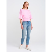 Dilvin 71779 Lazer Yıkama Likralı Denim Mom Pantolon Mavi