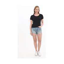 Monox Kadın Fitilli Likralı Pamuk Basic Tshirt Siyah