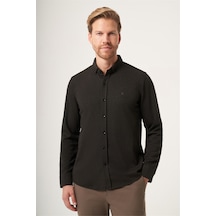 İmza Kahverengi Düğmeli Yaka Dokulu Örme Slim Fit Esnek Gömlek 1004265171