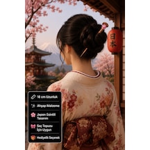 Sakura Desenli Ahşap Saç Çubuğu El İşçiliği Japon Esintili Topuz Tokası 18 Cm Çok Renkli