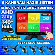 10 İnç 6 Ch 512 Gb Dokunmatik Usb Bsd Dvr Ekran Ahd 720p Rca Beyaz Ledli Kelebek Kamera 12 Volt