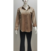 Kadın Uzun Kollu Düğmeli Salaş Parlak Dokuma Kumaş Kahve Rengi Kahverengi