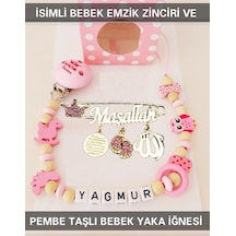 Sahi Aksesuar İsimli Bebek Emzik Zinciri ve Pembe Taşlı Bebek Yaka İğnesi Pembe