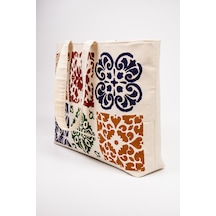 Fabric Craft Bag Kanvas Plaj Çantası Büyük Boy Astarlı Desenli Omuz Çantası Küçük Çantalı 50x35 Krem