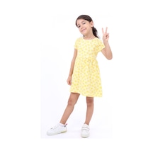 Toontoy Kız Çocuk Bel Kurdela Detaylı Komple Baskılı Elbise Açık Sarı