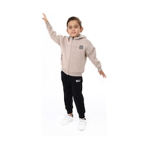 Toontoy Kids Toontoy Erkek Çocuk 2'li Takım Baskılı Kapüşonlu Fermuarlı Sweatshirt & Beli Paçası Lastikli Jogger Eşofman Altı - 3 İplik Şardonlu Bej