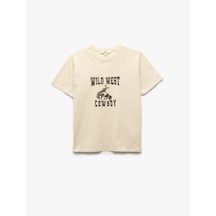 Koton Pamuklu Kısa Kollu Bisiklet Yaka Baskılı Kadın Oversize Tişört Bej 5sak50135ek Ekru