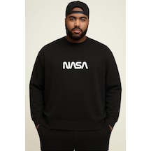 Benroma 3 İplik Penye Nasa Baskılı Büyük Beden Unisex Sweatshırt Siyah