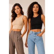 Loule Kadın 2'li Bisiklet Yaka Kolsuz Crop Top Siyah-bej %92 Pamuk Siyah - Bej