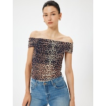 Koton Leopar Desenli Madonna Yaka Bluz Tül Drape Detaylı Siyah Desenli 4sak10959ek