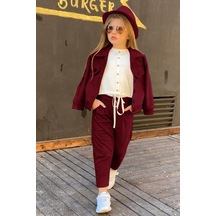 Kız Çocuk Kadife Ceketli Süet Şapkalı Pantolon Bluz Alt Üst Tarz 001