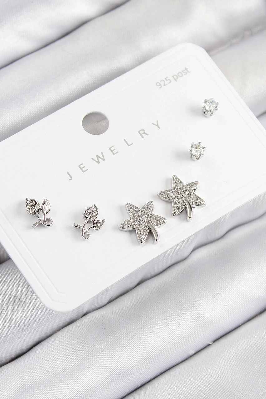 Dodes Dodes Pirinç Zirkon Taşlı Yıldız Ve Gül Model Gümüş Renk 925 Ayar Gümüş Çivi Kadın Küpe Set Tg Çok Renkli