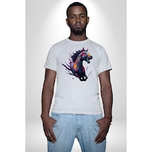 Renkli At Koşu Unisex Unisex Beyaz Organik Baskılı T-shirt Penye Yüksek Kalite Beyaz