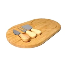 Bambu Peynir Sunum Tabağı, 3 Parça Peynir Bıçağı Ve Çatalı Seti, Toplam 4 Parça, Doğal Ve Şık Peynir Tabağı, Kaliteli Sunum Seti 34x20 Cm Ebatlarında Açık Bej