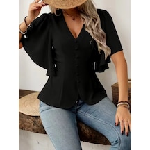 Mythrıva Kadın Kısa Kollu Önden Düğmeli Ithal Krep Bluz Siyah