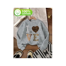 Herkesemoda Love Desen Detaylı Bisiklet Yaka İçi Polarlı Sweatshirt Gri