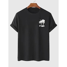Erkek Tişört Palmiye Baskılı Bisiklet Yaka Kısa Kol Yazlık T-shirt - Siyah