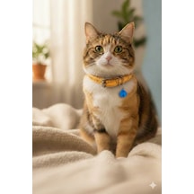 Kedi Tasması Hardal Sarısı Deri Zilli Ayarlanabilir M Beden Kedi Boyun Tasması