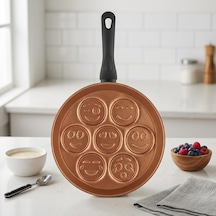 Redio Emoji Pankek Ve Yumurta Tavası - 7 Bölmeli Gülen Yüz Tasarımlı, Yanmaz Yapışmaz Krep Tavası 28 Cm Bronz