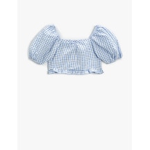 Koton Crop Bluz Kareli Kısa Balon Kollu Mavi Ekose 2skg60001ew