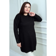 By Saygı Kadın Kolları Düğme Detaylı Gül Desenli Büyük Beden Tunik Bluz Siyah