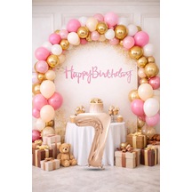 7 Yaş Pompa Hediyeli Doğum Günü Seti Banner Gold Pembe Kum Beji Beyaz Balonlar Rose Gold Rakam Çok Renkli