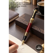 5 Adet Desenli Metal Roller Kalem Kutulu İmza Kalemi Kahverengi Kutu, Gold Desenli Metal Pen, Vip Hediyelik 1