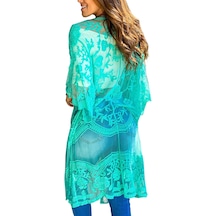 Yucama Kadın Dantel Hırka See Through Elbise Boho Uzun Kimono Plaj Mayo - C Mavi Yeşil